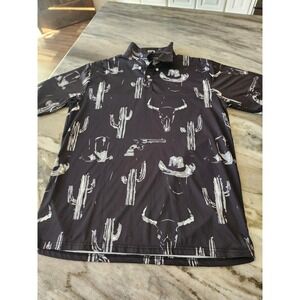 ZYIA Mens Western Cactus Skull Cowboy Hat Print Polo Performance‎ Shirt Medium